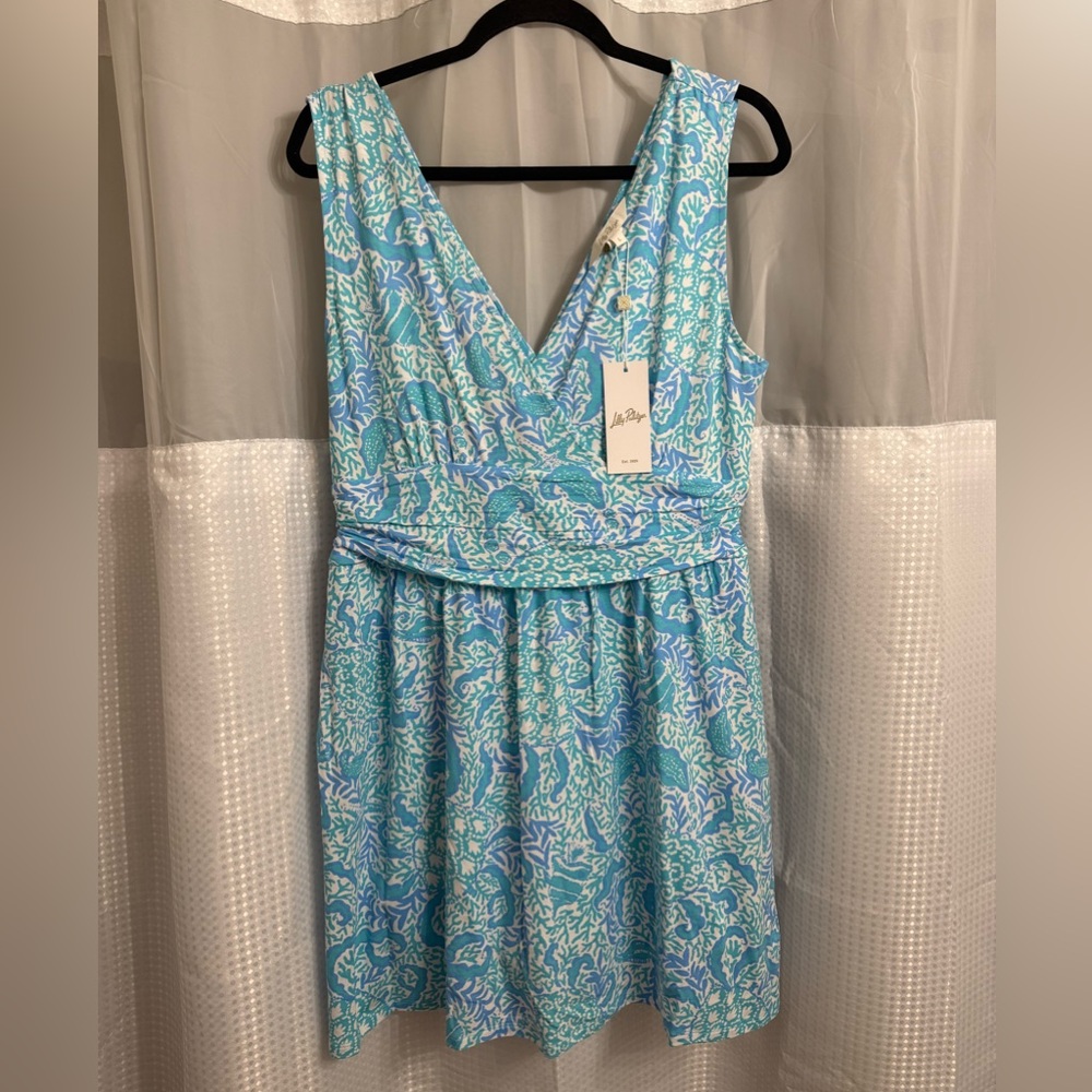 Lilly Pulitzer Aqua & Coral Print V-Neck Sleeveless Dress